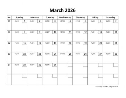 march 2026 calendar checkboxes horizontal