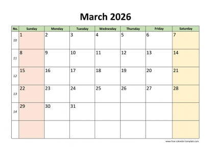 march 2026 calendar colored horizontal