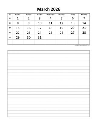 march 2026 calendar daily notes vertical