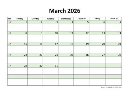 march 2026 calendar daycolored horizontal