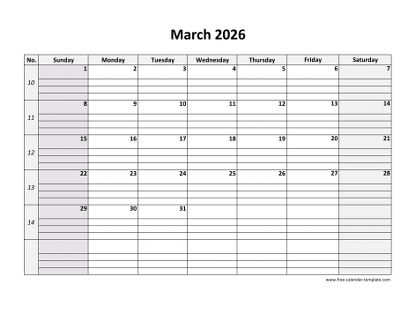 march 2026 calendar daygrid horizontal