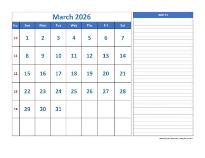 march 2026 calendar largenotes horizontal