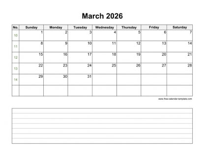 march 2026 calendar notes horizontal