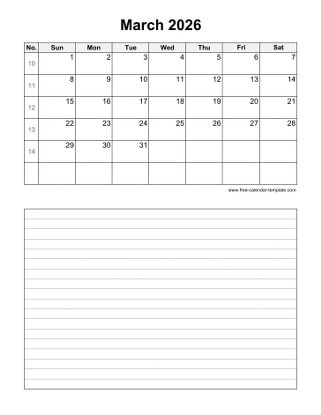 march 2026 calendar notes vertical