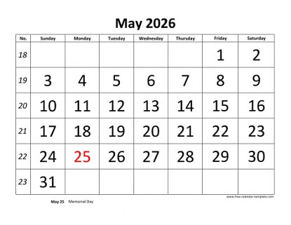 may 2026 calendar bigfont horizontal