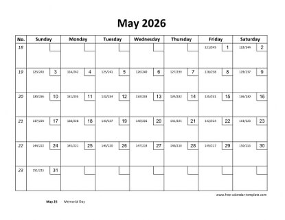 may 2026 calendar checkboxes horizontal