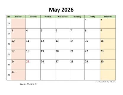 may 2026 calendar colored horizontal