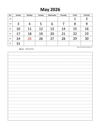 may 2026 calendar daily notes vertical