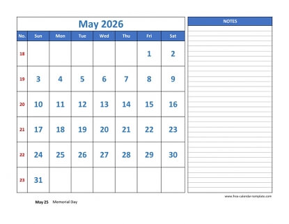 may 2026 calendar largenotes horizontal