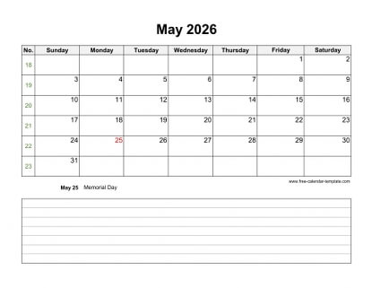 may 2026 calendar notes horizontal