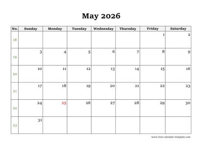 may 2026 calendar simple horizontal