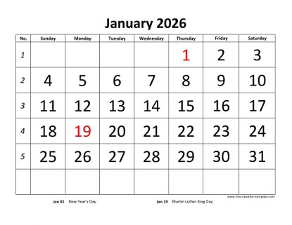 monthly 2026 calendar bigfont horizontal