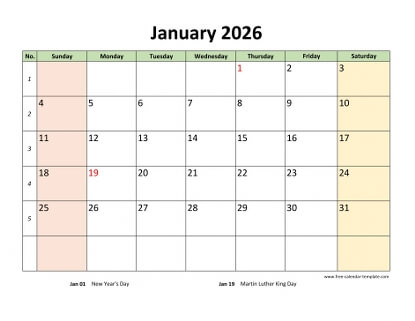 monthly 2026 calendar colored horizontal