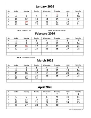 monthly 2026 calendar four months vertical