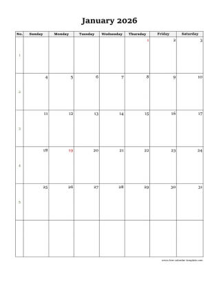 monthly 2026 calendar simple vertical