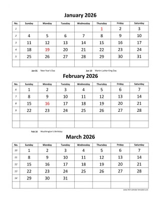 monthly 2026 calendar three months vertical