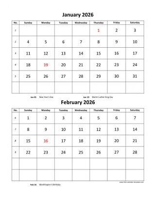 monthly 2026 calendar two months vertical