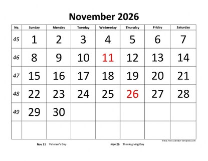 november 2026 calendar bigfont horizontal