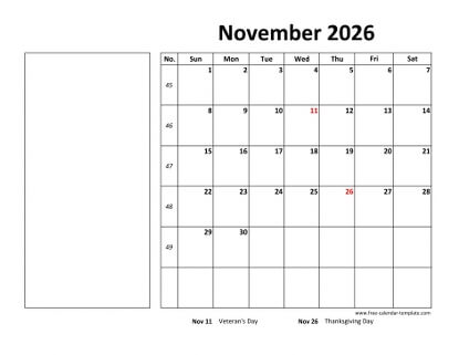 november 2026 calendar boxnotes horizontal