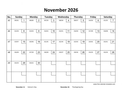 november 2026 calendar checkboxes horizontal