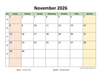 november 2026 calendar colored horizontal