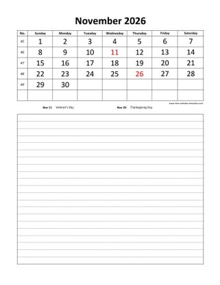 november 2026 calendar daily notes vertical