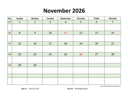 november 2026 calendar daycolored horizontal