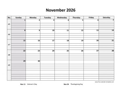 november 2026 calendar daygrid horizontal