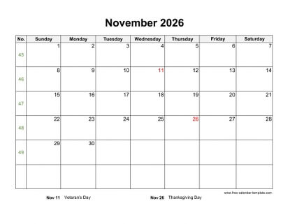 november 2026 calendar holidays horizontal