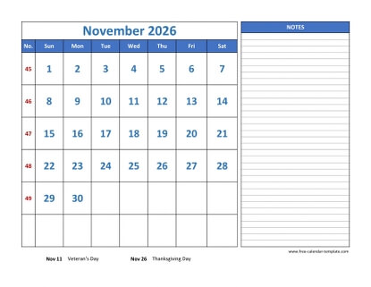 november 2026 calendar largenotes horizontal