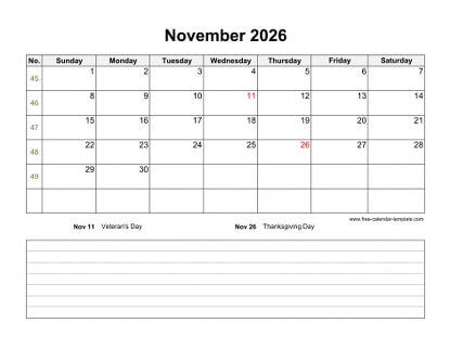 november 2026 calendar notes horizontal