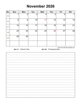 november 2026 calendar notes vertical