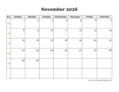 november 2026 calendar simple horizontal