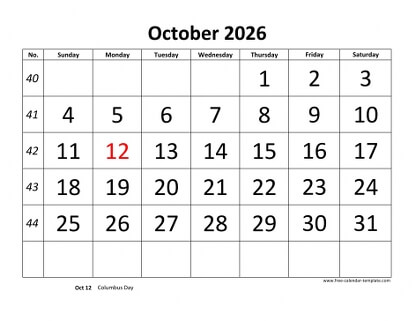 october 2026 calendar bigfont horizontal