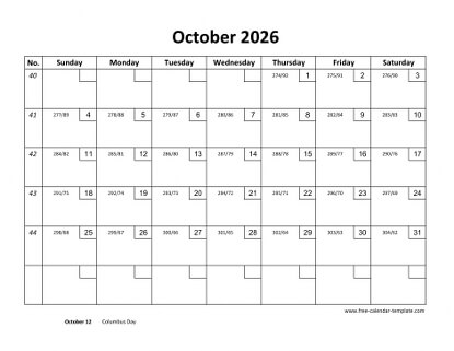 october 2026 calendar checkboxes horizontal