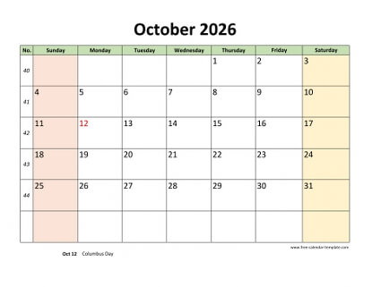 october 2026 calendar colored horizontal