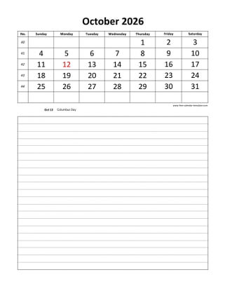 october 2026 calendar daily notes vertical