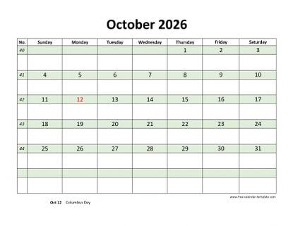 october 2026 calendar daycolored horizontal