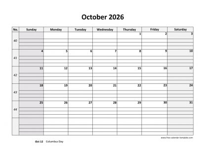 october 2026 calendar daygrid horizontal