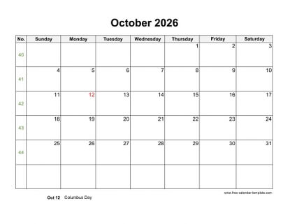 october 2026 calendar holidays horizontal