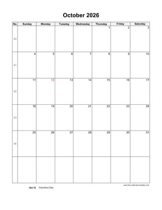 october 2026 calendar holidays vertical