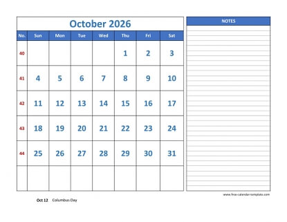 october 2026 calendar largenotes horizontal