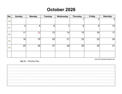 october 2026 calendar notes horizontal