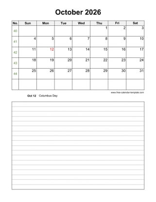 october 2026 calendar notes vertical