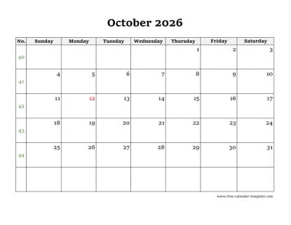 october 2026 calendar simple horizontal