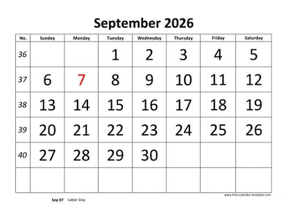 september 2026 calendar bigfont horizontal