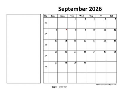 september 2026 calendar boxnotes horizontal