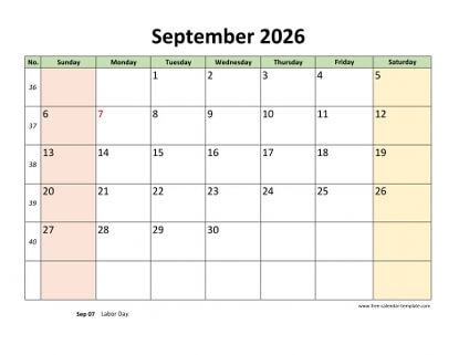 september 2026 calendar colored horizontal