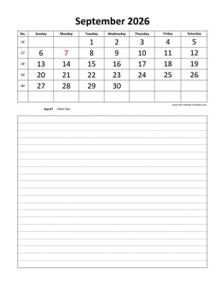 september 2026 calendar daily notes vertical