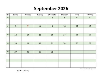 september 2026 calendar daycolored horizontal